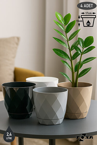 ToXA 4 Adet 2,5 Litre Tabaklı Baklava Desenli Saksı Seti Plastik Prizma Yakamoz Çiçek Saksısı Set