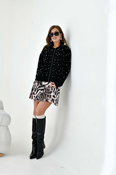 FTZ WOMEN Γυναικεία ζακέτα με λεπτομέρειες μαργαριτάρι μαύρο 20804