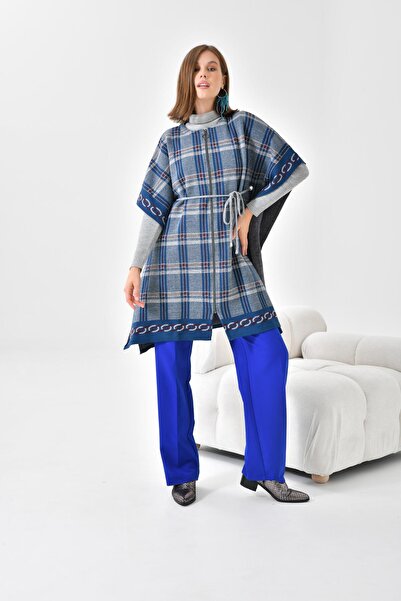 FTZ WOMEN Women's Plaid Detail Poncho Indigo 21-1116