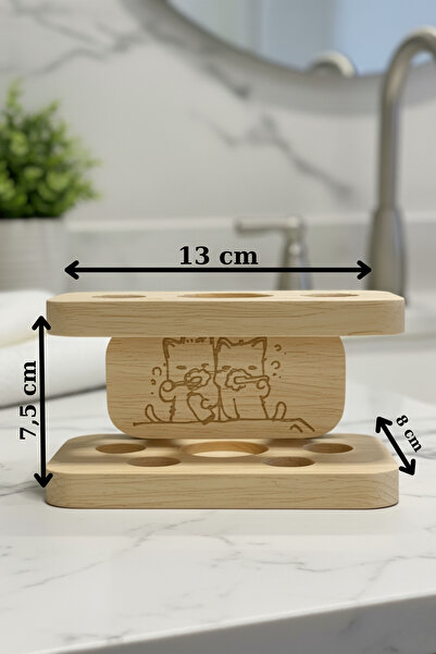 Myend Ahşap Diş Fırçası Standı, El İşçiliği Kedi Detaylı Diş Fırçalık