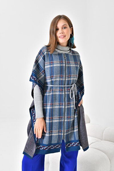 FTZ WOMEN Women's Plaid Detail Poncho Indigo 21-1116
