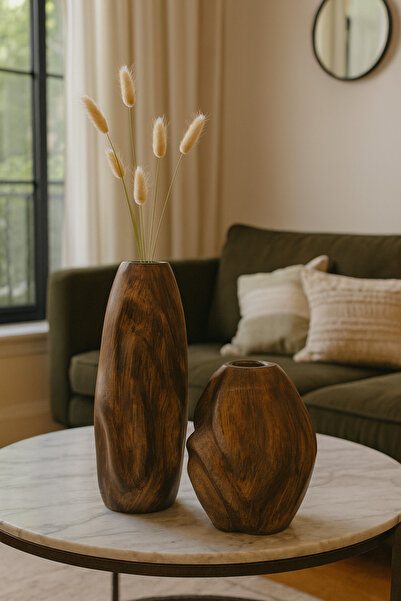 PAPİSAHOME Ahşap Rengi Seramik Vazo 2'li Set Dalga Desen Zarif Bohem Ürünümüz...