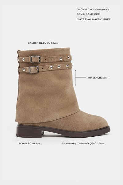 NİŞANTAŞI SHOES Γυναικείες μπότες Faye Rome Beige Suede από γνήσιο δέρμα με επίπεδη σόλα με στρογγυλή μύτη