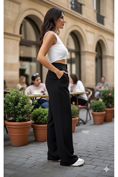 ECEYLÜL MODA KADIN SİYAH PİLELİ BELİ ÇIRT KAPAMALI YÜKSEK BEL PALAZZO PANTOLON(kısa süreligine lansman fiyatı)