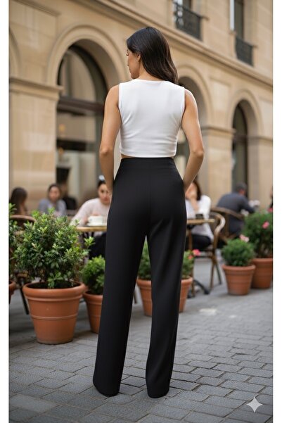 ECEYLÜL MODA KADIN SİYAH PİLELİ BELİ ÇIRT KAPAMALI YÜKSEK BEL PALAZZO PANTOLON(kısa süreligine lansman fiyatı)
