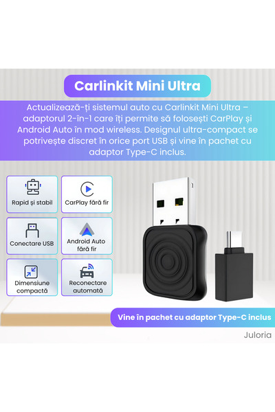 Juloria Carlinkit Mini Ultra Wireless Adapter – Wireless CarPlay & Android Auto, USB-C, Plug & Play