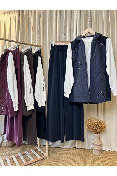 BZ BUTİK Sweat Quilted Vest with Stone Sleeves, Wide Pants, 3-Piece Set