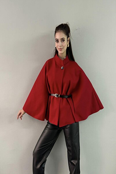 lizge giyim HAKİM YAKA KEMER DETAYLI KAŞE PANÇO