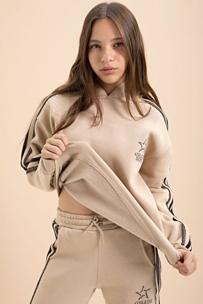 Cansın Mini Μπεζ 3-κλωνο σετ φόρμας με κουκούλα για κορίτσια με λεπτομέρεια από δαντέλα 22723