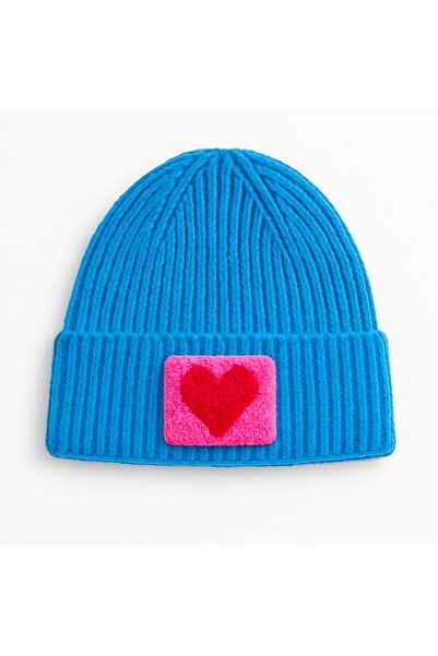 byebruketenci Mavi Yün Bere Kırmızı Ve Pembe Kalp Punch Detaylı Şapka