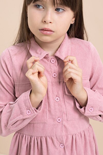 Cansın Mini Gülkurusu Kız Çocuk Cep Detaylı Kadife Desenli Elbise 21549