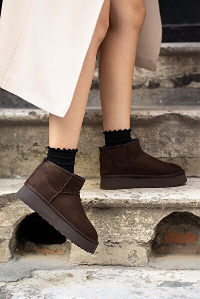 DESPİNA KELY Kadın Kahverengi Süet Kalın Taban İçi Kürklü Mini Rahat Taban Kadın Bot