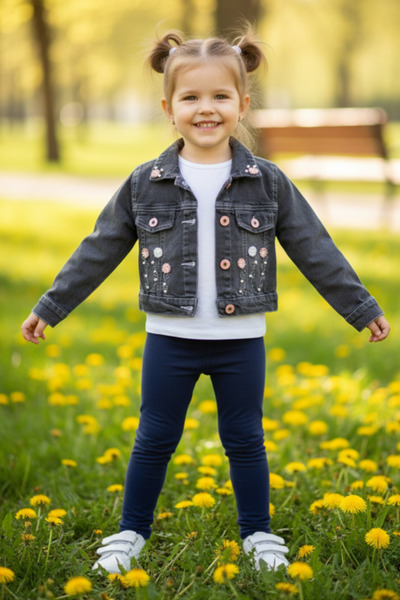 EYMİRGİYİM Jachetă scurtă din denim cu mărgele și flori pentru fetiță, 2 ani,...