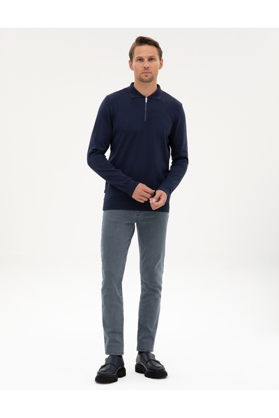 Pierre Cardin Light Navy Blue Slim Fit Polo Neck Zippered Basic Knitwear Sweater 50314191-Vr059