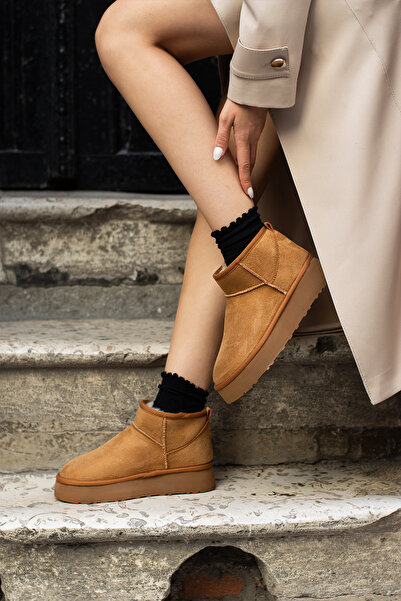 DESPİNA KELY Kadın Kahverengi Süet Kalın Taban İçi Kürklü Mini Rahat Taban Kadın Bot