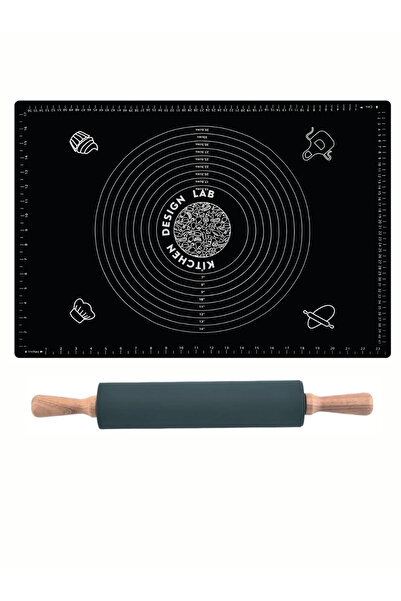 Kitchen Design Lab Siyah 45x65 Cm Silikon Hamur Açma Matı Ve Bambu Saplı Silikon Merdane