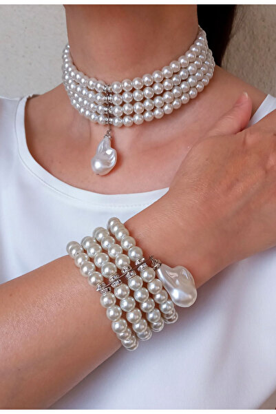 Chic Charms 4 Sıra barok incili krem choker kolye şık gece choker bileklik ve barok inci küpe