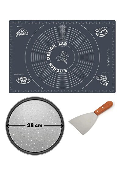 Atlas Mutfak Gri Hamur Açma Matı 45 X 65 Cm, 28 Cm Pizza Tepsisi Ve Ahşap Uzu...