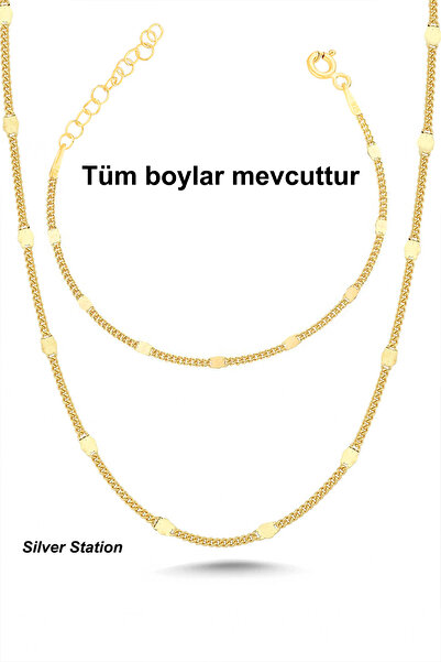 Silver Station Altın Renk Aynalı Gümüş Kolye Gümüş Bileklik Zincir Set 40-45-...
