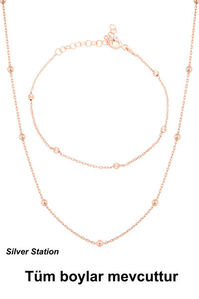 Silver Station Rose Renk Gümüş Kolye Gümüş Bileklik Set 40-45-50-55-60-75 cm