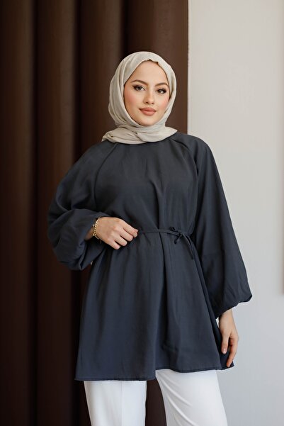 MOONSC Balloon Sleeve Belt-Fastened Shirt Anthracite