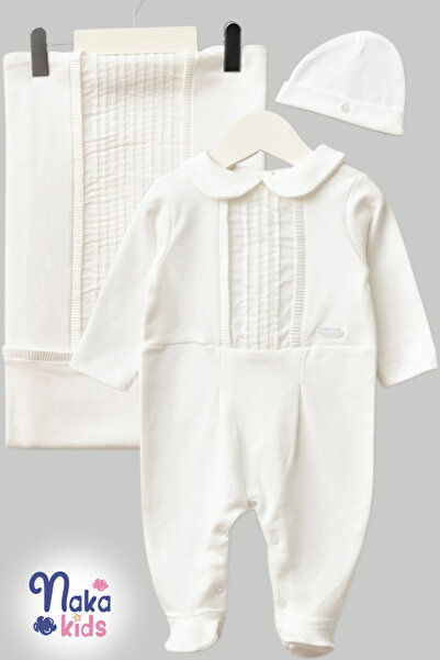 Naka Concept Vual Pleated 3-Piece Baby Boy Hospital Discharge Set – White