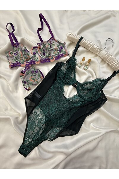 İNKO İÇ GİYİM Underwire Unlined Tulle Detailed Patterned Bra Set & Bodysuit (Bra Thong)