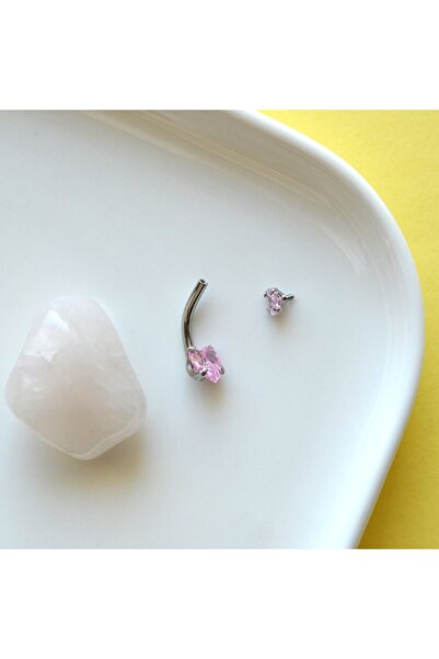 Heppii 316 L Çelik Zirkon Pembe Taşlı Kalp Göbek Piercingi Taşlı Kalpli Minimal Göbek Piercingi Silver Renk
