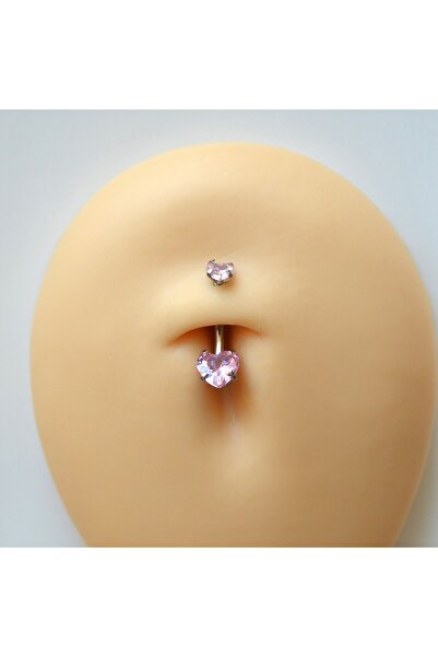 Heppii 316 L Çelik Zirkon Pembe Taşlı Kalp Göbek Piercingi Taşlı Kalpli Minimal Göbek Piercingi Silver Renk