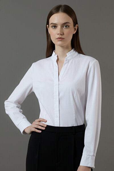 Lavenda Kadın Premium Kumaş Fırfırlı Hakim Yaka ve Gipeli Manşetli Kuplu Likr...