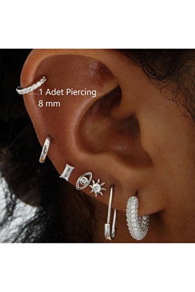 Heppii 8 mm Silver Renk Taşlı Halka Piercing Tragus Helix Forward Helix Kıkırdak