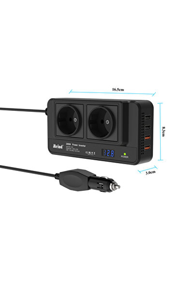 Inverto Car Inverter 200W 12V–220V with 2 AC Outlets 2x USB 2.4A + 2x USB QC 3.0 Digital Display Fan R