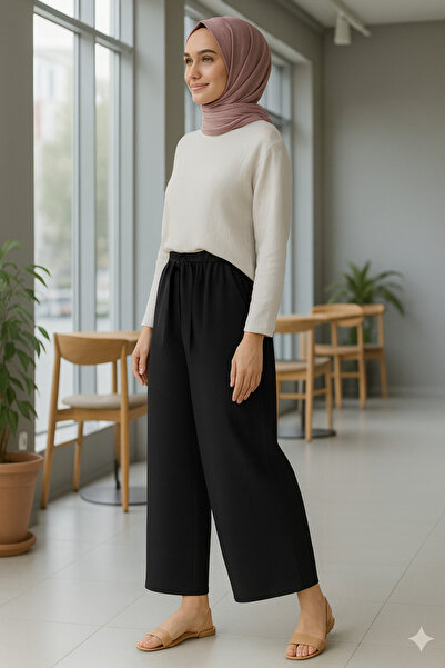 ECEYLÜL MODA KADIN SİYAH SCUBA KREP BOLPAÇA KUŞAKLI PANTOLON(kısa süreliğine lansman fiyatı)
