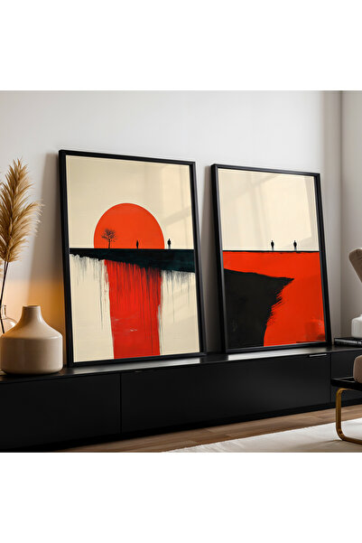 HİGUERA Αφηρημένο σχέδιο Κόκκινο αφηρημένο διπλό φυσικό ξύλινο πλαίσιο ζωγραφ...