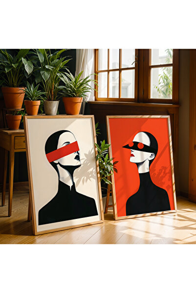 HİGUERA Διπλό γυναικείο πορτρέτο Red Abstract Series Σετ ζωγραφικής τοίχου με...