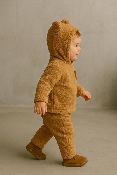 nevrankids Bebek Peluş Ayı Kulaklı Kapüşonlu 2'li Takım - Kışlık Polar