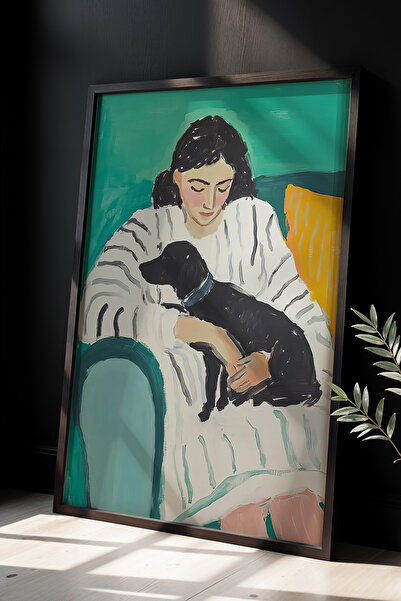 HİGUERA Ζωγραφική τοίχου με θέμα την ηρεμία γυναίκα και μαύρο σκύλο με φυσικό...