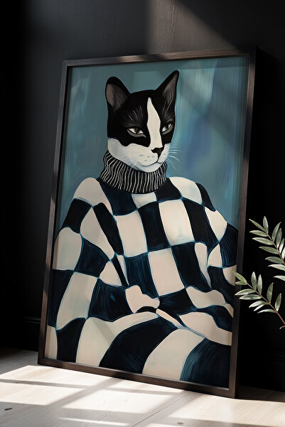 Artiera Kedi Temalı Soyut Modern Sanat Geometrik Ahşap Çerçeveli Duvar Tablosu