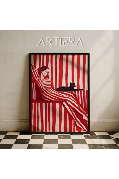 HİGUERA Γυναικείο πορτρέτο με κόκκινο ριγέ Σύγχρονη μινιμαλιστική τέχνη Ζωγρα...