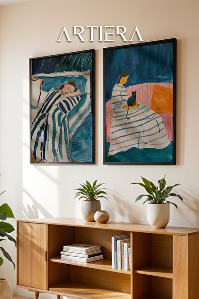 HİGUERA Ζωγραφική τοίχου με διπλό ξύλινο πλαίσιο με αίσθηση ύπνου και γάτας σ...