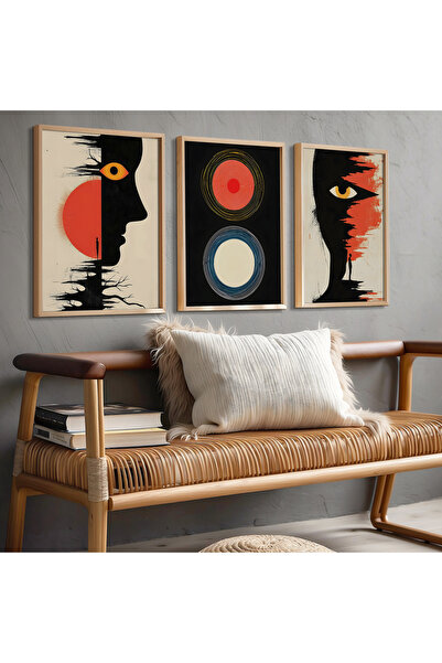 HİGUERA Γεωμετρικό Κόκκινο Αφηρημένο Τριπλό Φυσικό Ξύλινο Πλαίσιο Τοίχου