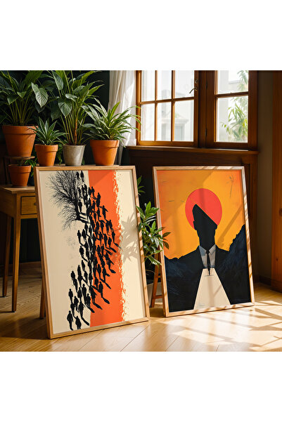 HİGUERA Διπλό Σετ ζωγραφικής τοίχου με κορνίζα από φυσικό ξύλο αφηρημένης τέχνης