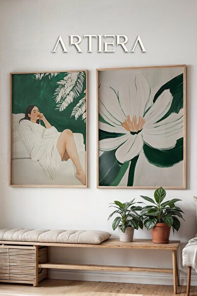 HİGUERA Τροπικό Floral Emerald Oil Painting Feel Διπλό Ξύλινο Πλαίσιο Ζωγραφι...