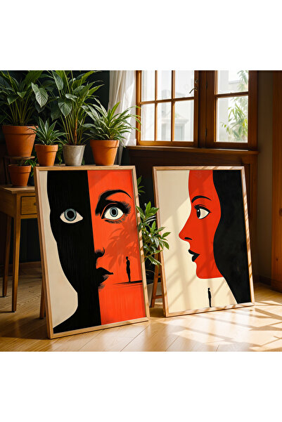 HİGUERA Γυναικείο πορτρέτο Αφηρημένο Σχέδιο Κόκκινο Αφηρημένο Διπλό Σετ Ζωγρα...