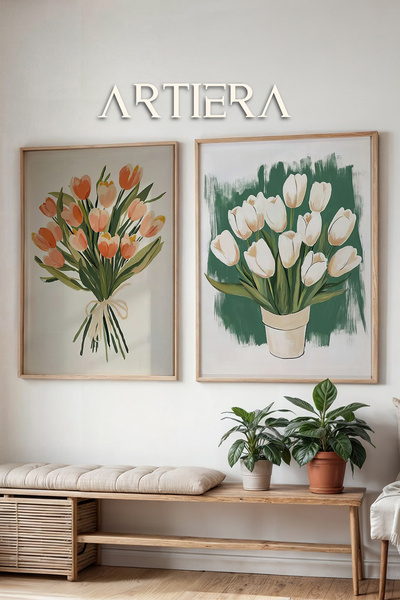 HİGUERA Πορτοκαλί και λευκή ανθοδέσμη τουλίπας Εικονογράφηση ελαιογραφία Αίσθ...