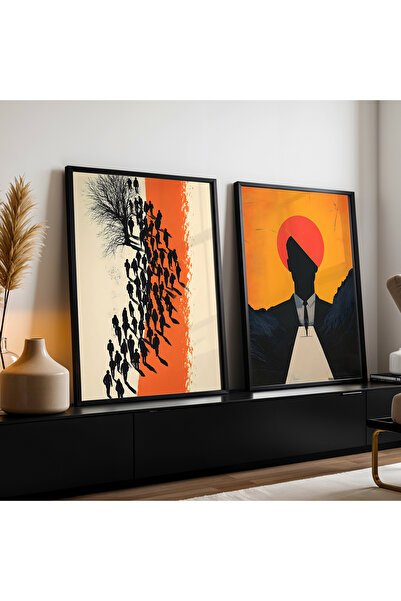 HİGUERA Διπλό Σετ ζωγραφικής τοίχου με κορνίζα από φυσικό ξύλο αφηρημένης τέχνης