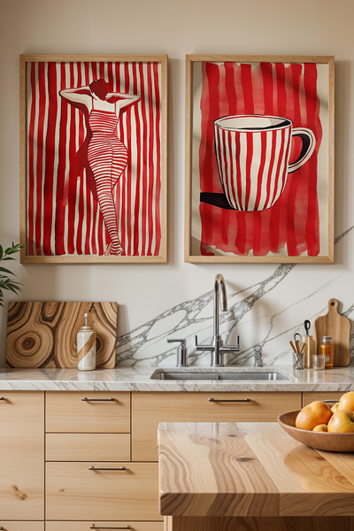 HİGUERA Κόκκινο ριγέ ρετρό γυναικείο και κούπα KTB Ζωγραφική τοίχου κουζίνας ...