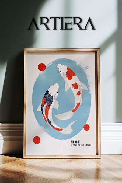 HİGUERA Koi Balığı Şans Simgesi – Modern Japandi Sanatı Doğal Ahşap Çerçeveli Duvar Tablosu