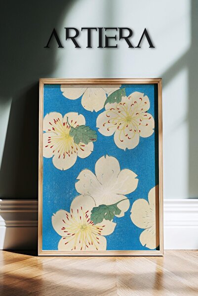 HİGUERA Fundal albastru Motiv floral Vintage Japandi Art Pictură de perete cu...