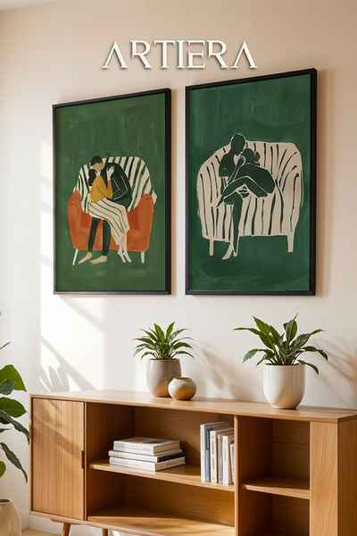 HİGUERA Ζωγραφική τοίχου με θέμα το ζευγάρι που αγκαλιάζει σε πράσινο φόντο μ...